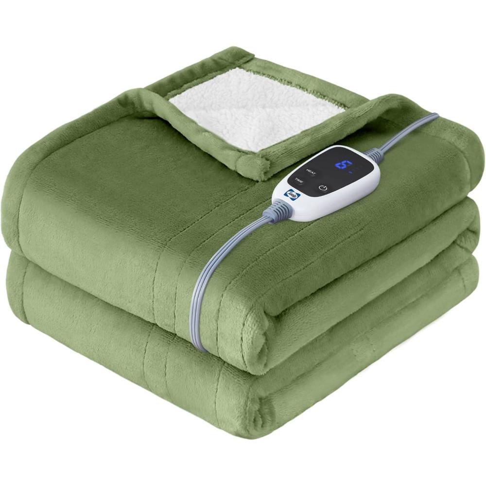 image:imageSEALY Electric Blanket Queen Size Flannel amp Sherpa Heated Blanket with 10 Heat Setting amp 112 Hour Auto Shut Off Fast Heating Blanket Machine Washable Beige 84 x 90 InchGreen