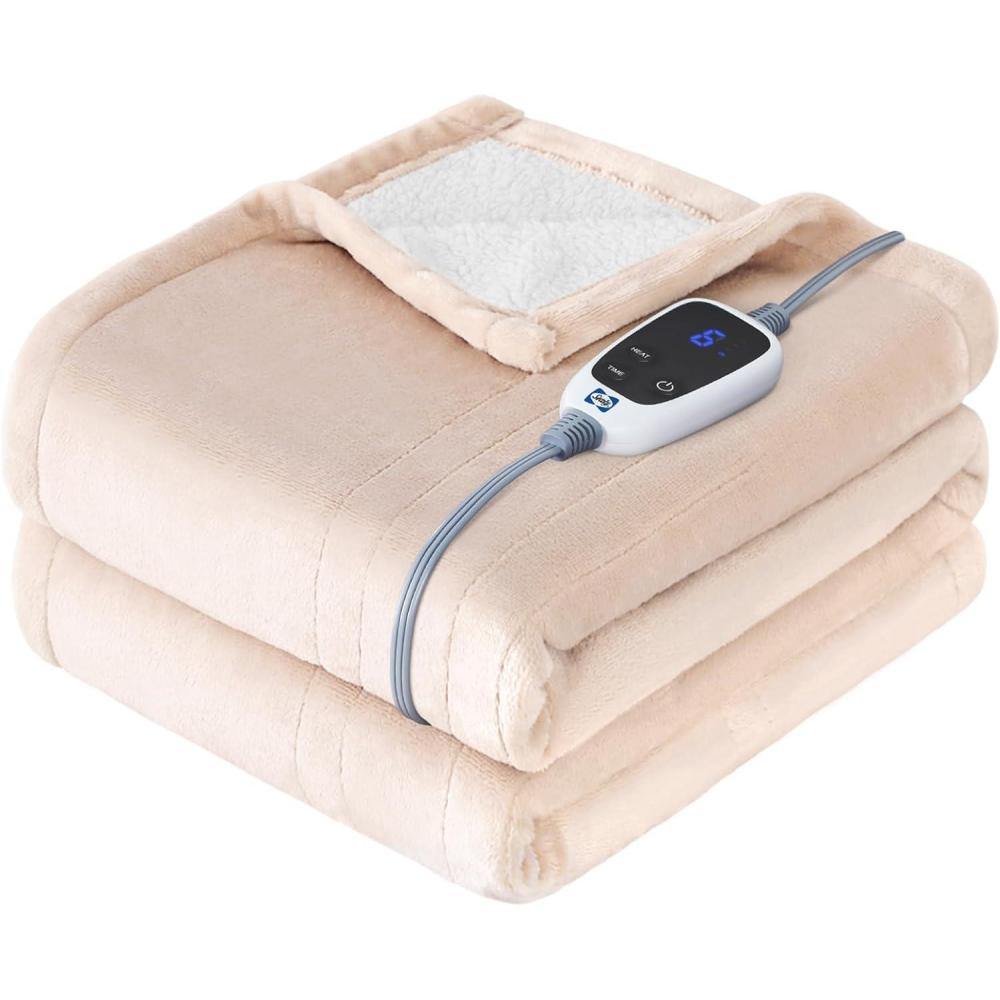 image:imageSEALY Electric Blanket Queen Size Flannel amp Sherpa Heated Blanket with 10 Heat Setting amp 112 Hour Auto Shut Off Fast Heating Blanket Machine Washable Beige 84 x 90 InchBeige