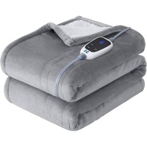 SEALY Electric Blanket Queen Size, Flannel & Sherpa Heated Blanket with 10 Heat Setting & 1-12 Hour Auto Shut Off, Fast Heating Blanket, Machine Washable, Beige, 84 x 90 Inch(Light Grey)