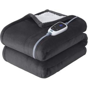 SEALY Electric Blanket Queen Size, Flannel & Sherpa Heated Blanket with 10 Heat Setting & 1-12 Hour Auto Shut Off, Fast Heating Blanket, Machine Washable, Beige, 84 x 90 Inch(Dark Grey)
