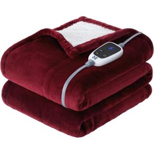 SEALY Electric Blanket Queen Size, Flannel & Sherpa Heated Blanket with 10 Heat Setting & 1-12 Hour Auto Shut Off, Fast Heating Blanket, Machine Washable, Beige, 84 x 90 Inch(Burgundy)