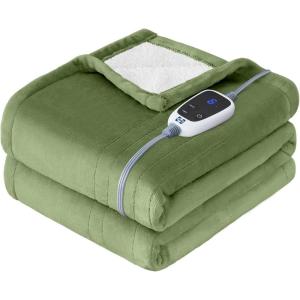 SEALY Electric Blanket Queen Size, Flannel & Sherpa Heated Blanket with 10 Heat Setting & 1-12 Hour Auto Shut Off, Fast Heating Blanket, Machine Washable, Beige, 84 x 90 Inch(Green)