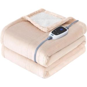 SEALY Electric Blanket Queen Size, Flannel & Sherpa Heated Blanket with 10 Heat Setting & 1-12 Hour Auto Shut Off, Fast Heating Blanket, Machine Washable, Beige, 84 x 90 Inch(Beige)