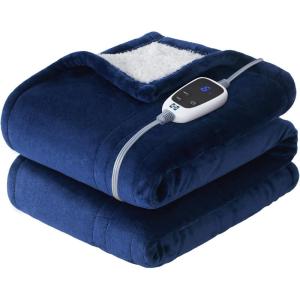 SEALY Electric Blanket Queen Size, Flannel & Sherpa Heated Blanket with 10 Heat Setting & 1-12 Hour Auto Shut Off, Fast Heating Blanket, Machine Washable, Beige, 84 x 90 Inch(Navy)